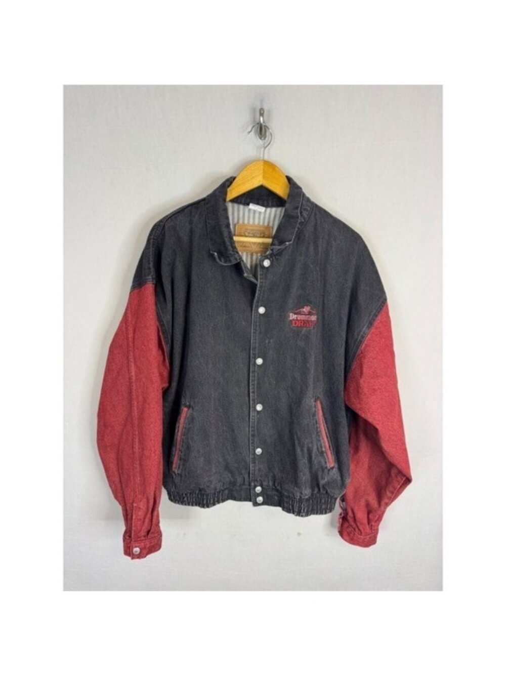 Vintage 90s Denim Drummond Draft Bomber Jacket Mens Large Black Red